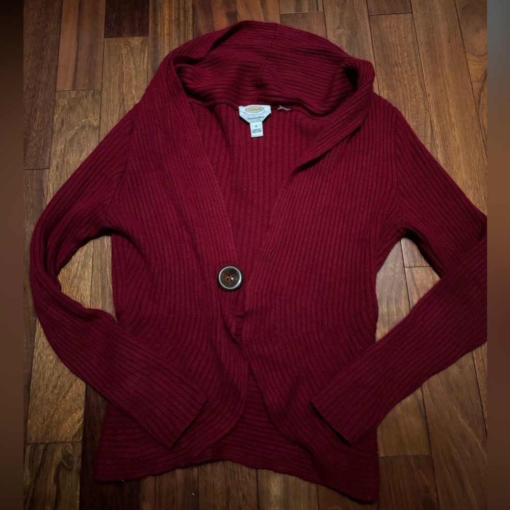 Talbots Deep Red Cardigan Sweater Talbots red hooded ribbed cardigan sweater